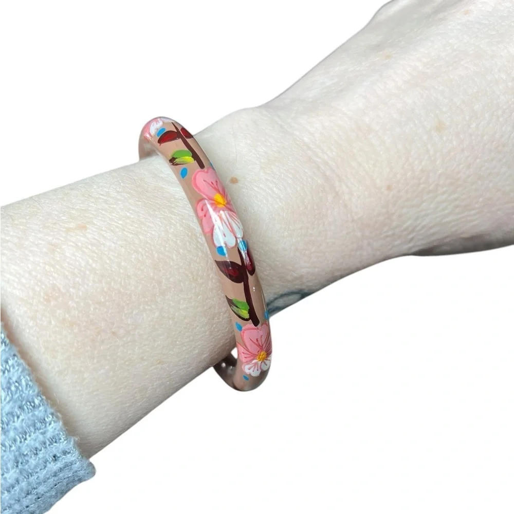 Vintage Floral Bangle Hand Painted Unique Artisan Boho Style